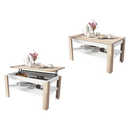 Αναδιπλούμενο τραπεζάκι σαλονιού με ανασηκούμενη επιφάνεια και ράφι ADEN, δρυς sonoma/λευκό