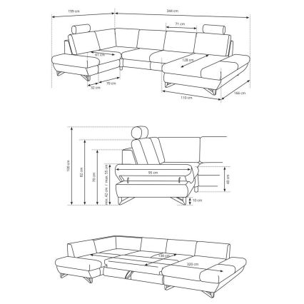 Αναδιπλούμενος γωνιακός επενδεδυμένος καναπές σε σχήμα U με αποθηκευτικό χώρο AVESTA, ανθρακί