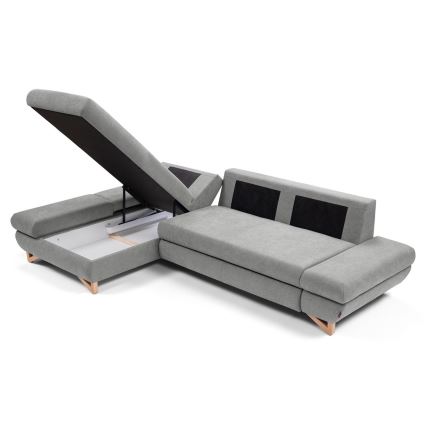 Αναδιπλούμενος γωνιακός ταπετσαρισμένος καναπές-κρεβάτι με αποθηκευτικό χώρο σε σχήμα L AVESTA, αριστερός, γκρι