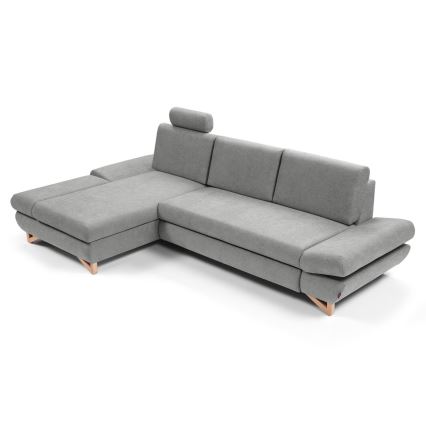 Αναδιπλούμενος γωνιακός ταπετσαρισμένος καναπές-κρεβάτι με αποθηκευτικό χώρο σε σχήμα L AVESTA, αριστερός, γκρι