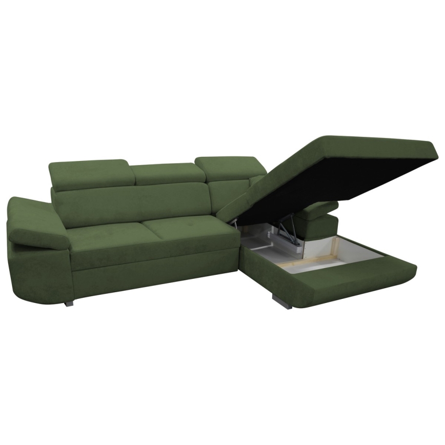 Αναδιπλούμενος γωνιακός καναπές-κρεβάτι σε σχήμα L CASTELO με αποθηκευτικό χώρο, δεξιός, πράσινος