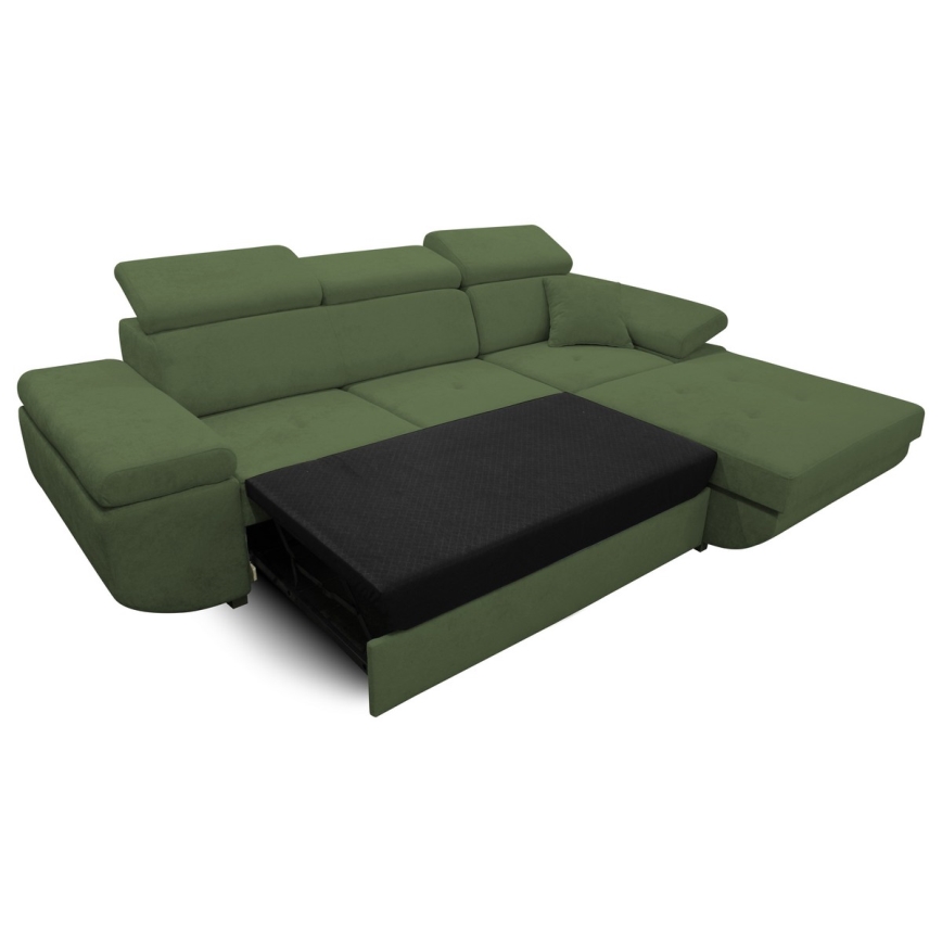 Αναδιπλούμενος γωνιακός καναπές-κρεβάτι σε σχήμα L CASTELO με αποθηκευτικό χώρο, δεξιός, πράσινος