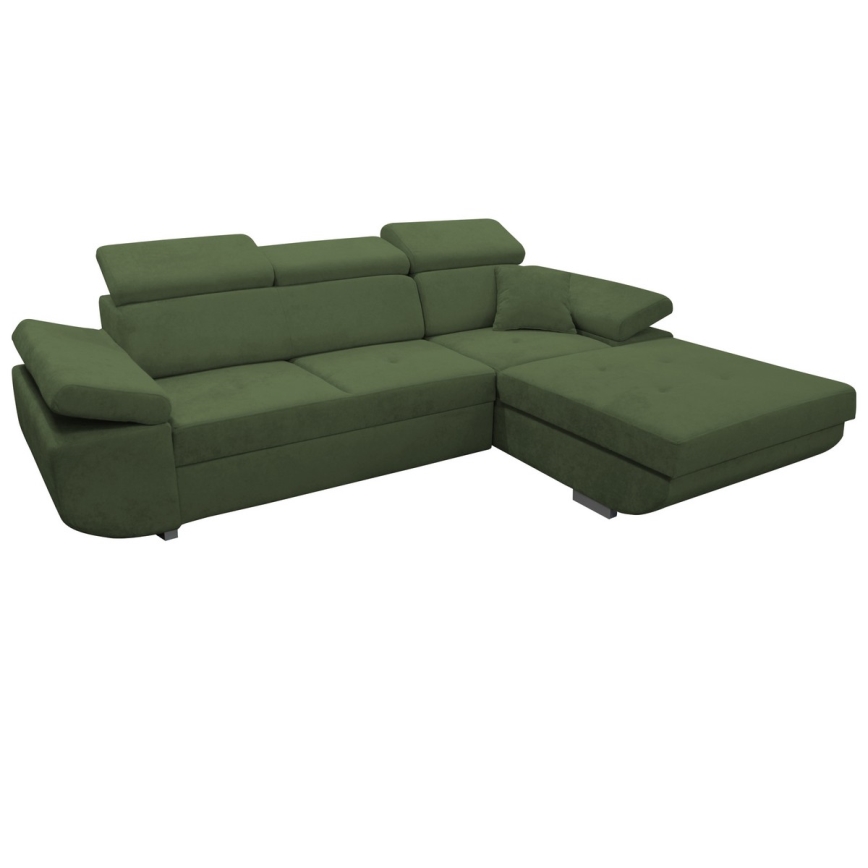 Αναδιπλούμενος γωνιακός καναπές-κρεβάτι σε σχήμα L CASTELO με αποθηκευτικό χώρο, δεξιός, πράσινος