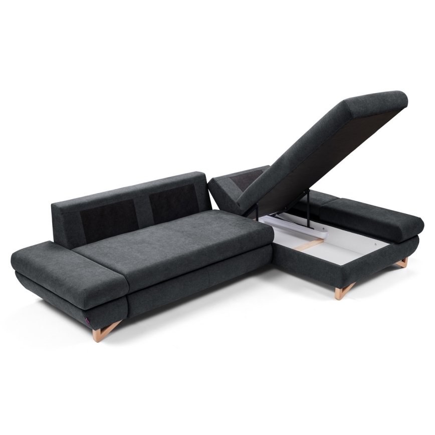 Γωνιακός επενδεδυμένος καναπές-κρεβάτι AVESTA σε σχήμα L με αποθηκευτικό χώρο, δεξιά, ανθρακί