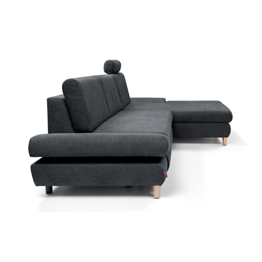 Γωνιακός επενδεδυμένος καναπές-κρεβάτι AVESTA σε σχήμα L με αποθηκευτικό χώρο, δεξιά, ανθρακί