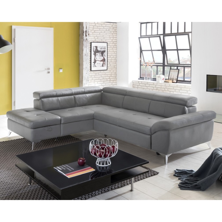 Αναδιπλούμενος γωνιακός δερμάτινος καναπές σε σχήμα L SALERNO II δεξιά γκρι