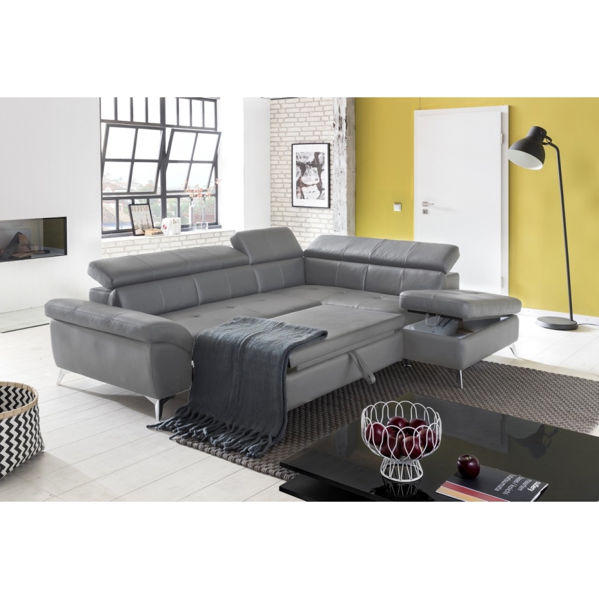 Αναδιπλούμενος γωνιακός δερμάτινος καναπές σε σχήμα L SALERNO II αριστερή πλευρά γκρι