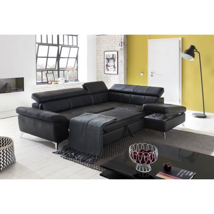Αναδιπλούμενος γωνιακός δερμάτινος καναπές σε σχήμα L SALERNO II δεξιά, μαύρος