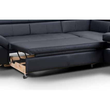 Αναδιπλούμενος γωνιακός δερμάτινος καναπές σε σχήμα L SALERNO II δεξιά, μαύρος