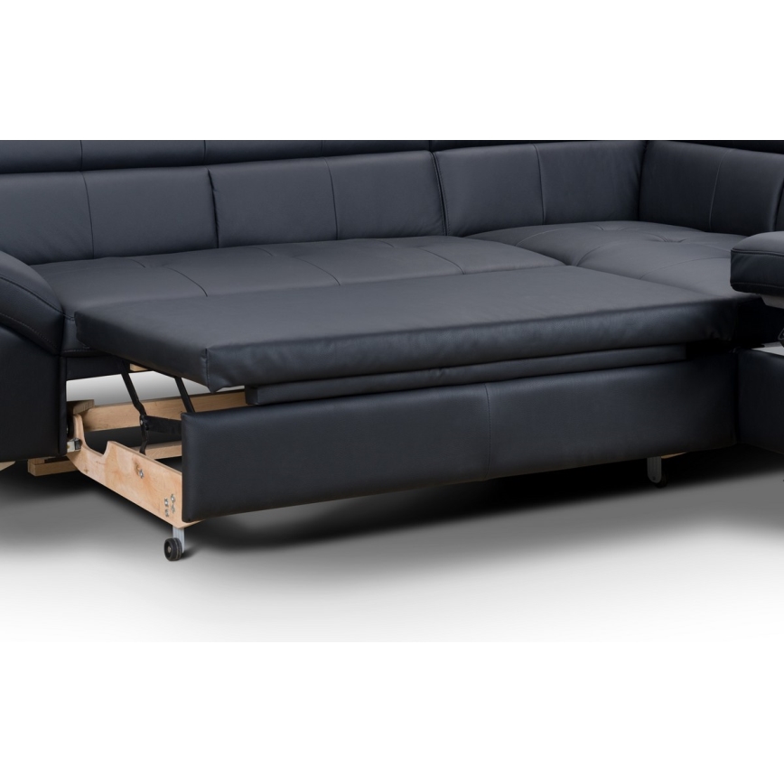Αναδιπλούμενος γωνιακός δερμάτινος καναπές σε σχήμα L SALERNO II δεξιά, μαύρος