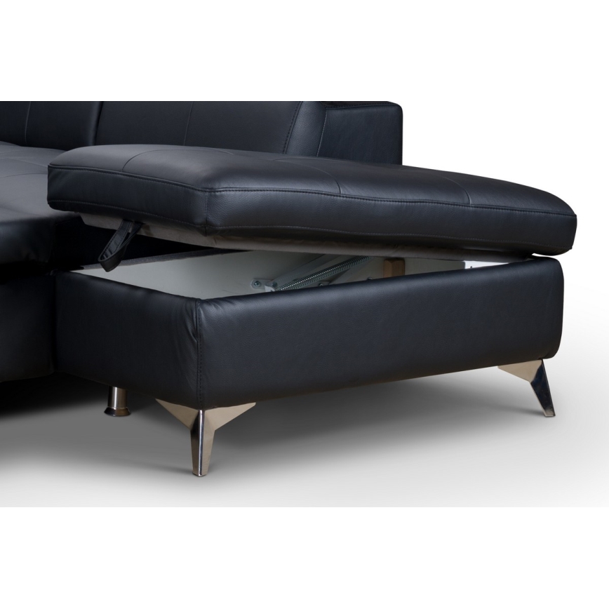 Αναδιπλούμενος γωνιακός δερμάτινος καναπές σε σχήμα L SALERNO II δεξιά, μαύρος