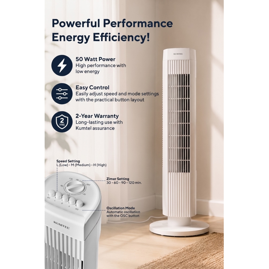 Ανεμιστήρας τύπου πύργου 50W/230V 74,5 cm λευκός
