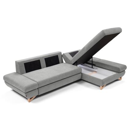 Αναδιπλούμενος γωνιακός επενδεδυμένος καναπές AVESTA σε σχήμα L, δεξιά, γκρι, με αποθηκευτικό χώρο