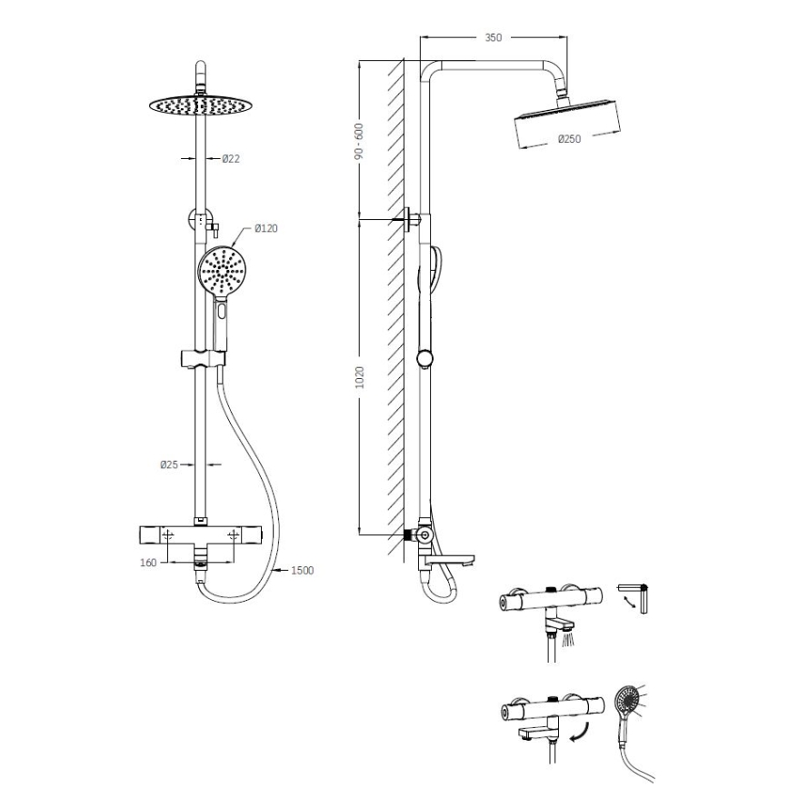 BATH DELUXE 31-160-11-60-00 - Σετ μπάνιου με θερμοστατική μπαταρία DRAGOR γυαλιστερό χρώμιο
