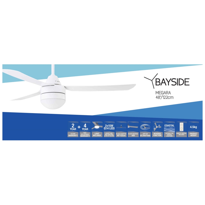 BAYSIDE 531016 - Ανεμιστήρας οροφής MEGARA 2xE14/15W/230V λευκό + τηλεχειριστήριο