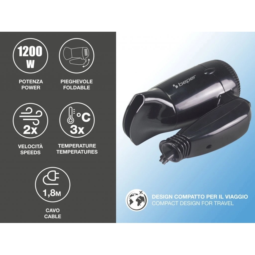 Beper - Ταξιδιωτικό σεσουάρ μαλλιών 1200W/230V