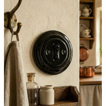 Bohemia-Design - Ρετρό πορσελάνινος μονός διακόπτης με πλαίσιο κουδουνιού μαύρος