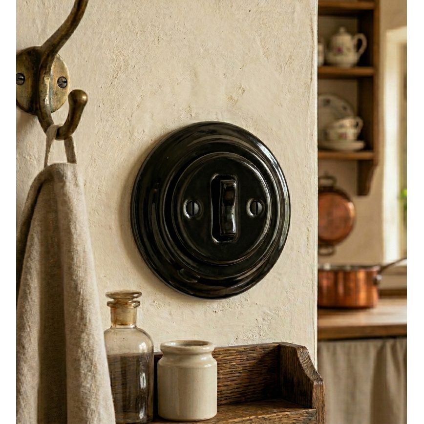 Bohemia-Design - Ρετρό πορσελάνινος μονός διακόπτης με πλαίσιο κουδουνιού μαύρος