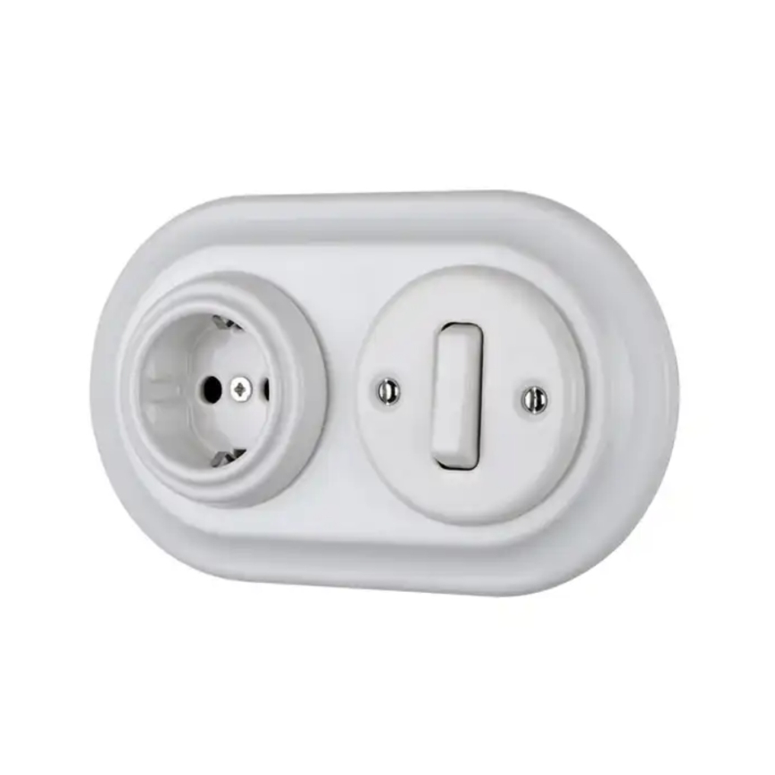 Bohemia-Design - Πορσελάνινη ρετρό οικιακή πρίζα SCHUKO χωρίς πλαίσιο, 250V/16A, λευκή