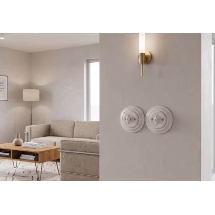 Bohemia-Design - Πορσελάνινος ρετρό περιστροφικός διακόπτης με πλαίσιο αρ. 1, λευκός