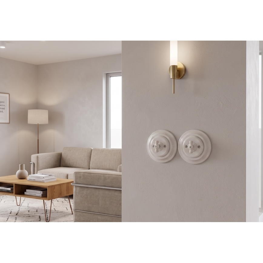 Bohemia-Design - Πορσελάνινος ρετρό περιστροφικός διακόπτης με πλαίσιο αρ. 1, λευκός