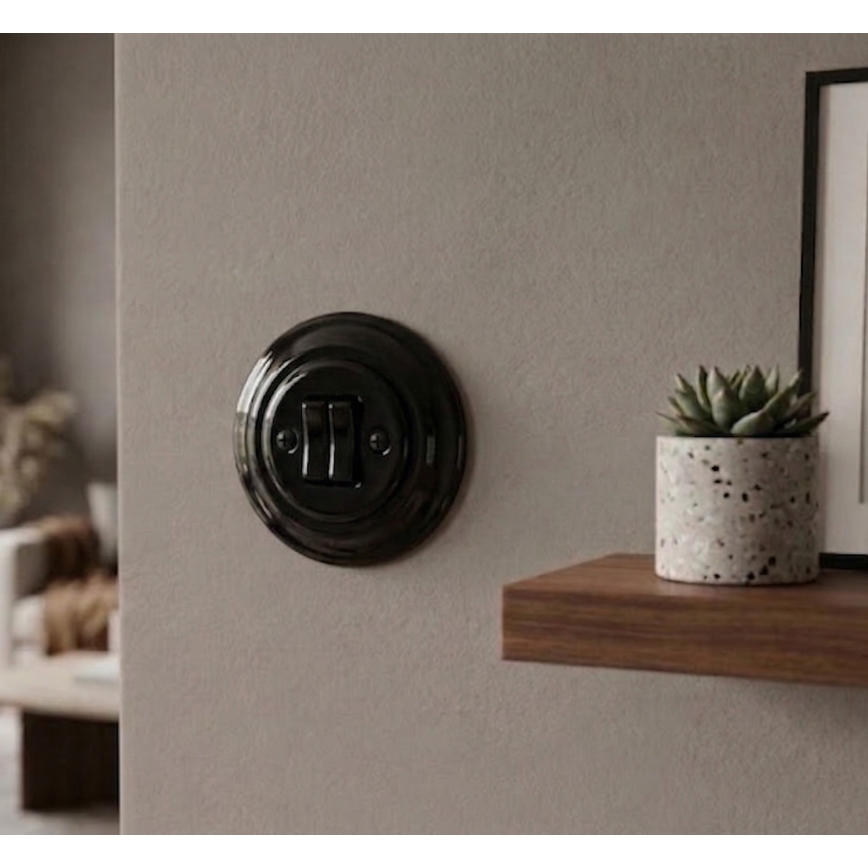 Bohemia-Design - Πορσελάνινος ρετρό διπλός διακόπτης με πλαίσιο αρ. 5 μαύρο