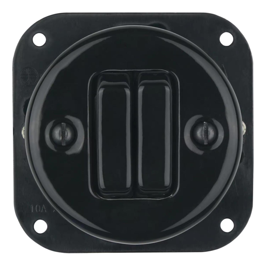 Bohemia-Design - Πορσελάνινος ρετρό διπλός διακόπτης χωρίς πλαίσιο αρ. 6+6 μαύρος