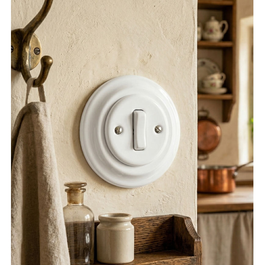 Bohemia-Design - Πορσελάνινος ρετρό μονός διακόπτης με πλαίσιο αρ. 1 λευκό