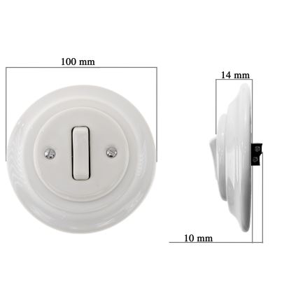 Bohemia-Design - Πορσελάνινος ρετρό μονός διακόπτης με πλαίσιο αρ. 6 λευκός