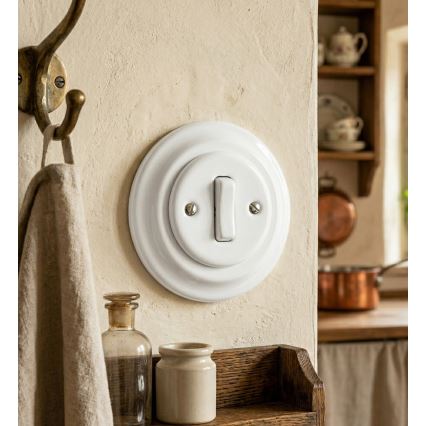 Bohemia-Design - Πορσελάνινος ρετρό μονός διακόπτης με πλαίσιο αρ. 6 λευκός