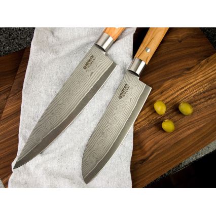 Böker - Δαμασκηνό μαχαίρι κουζίνας santoku DAMAST OLIVE 17,2 cm από ξύλο ελιάς