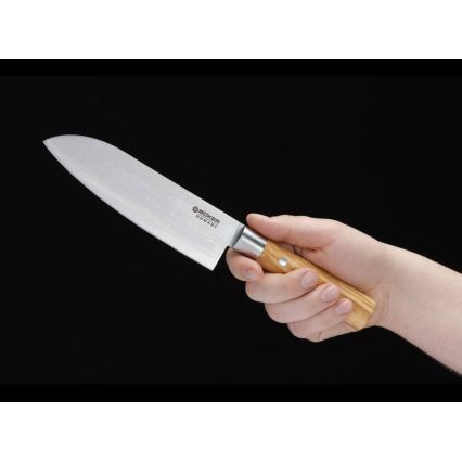 Böker - Δαμασκηνό μαχαίρι κουζίνας santoku DAMAST OLIVE 17,2 cm από ξύλο ελιάς