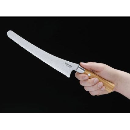 Böker - Δαμασκηνό μαχαίρι για ψωμί DAMAST OLIVE 23,5 cm, λαβή από ξύλο ελιάς