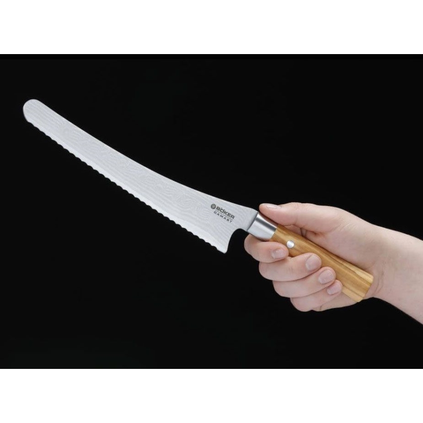 Böker - Δαμασκηνό μαχαίρι για ψωμί DAMAST OLIVE 23,5 cm, λαβή από ξύλο ελιάς