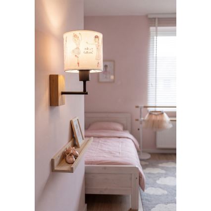 Brilagi - Παιδικό φωτιστικό τοίχου BOBO WOOD 1xE27/25W/230V δρυς/μαύρο/λευκό/ροζ/μπαλαρίνες