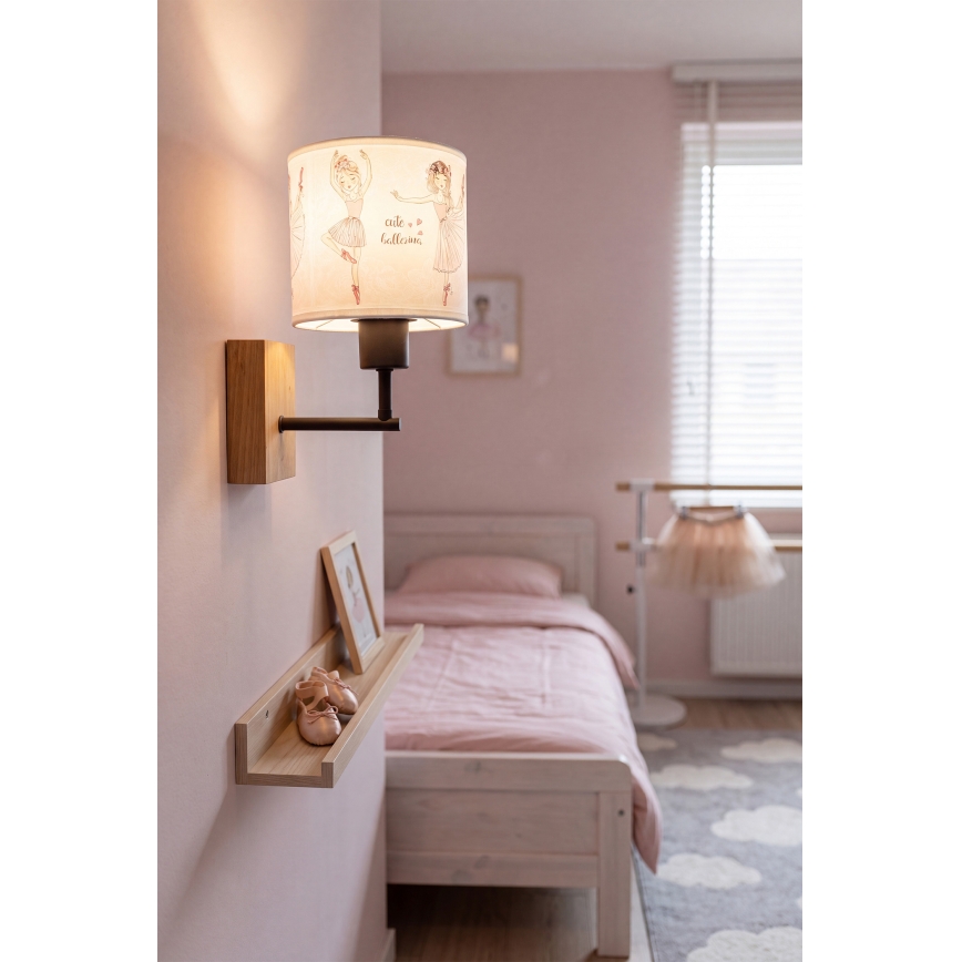 Brilagi - Παιδικό φωτιστικό τοίχου BOBO WOOD 1xE27/25W/230V δρυς/μαύρο/λευκό/ροζ/μπαλαρίνες