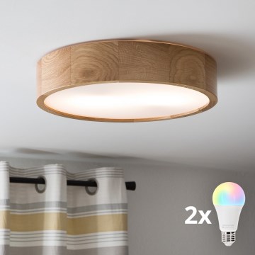 Brilagi - CARVALHO LED RGBW ρυθμιζόμενο φωτιστικό οροφής 2xE27/9W/230V 2700-6500K Wi-Fi σε απόχρωση δρυός, διάμ. 37,5 cm