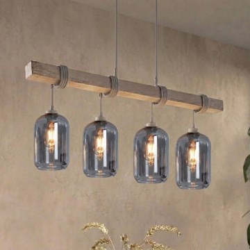 Brilagi - Φωτιστικό ανάρτησης με καλώδιο WOOD GLASS 4xE27/60W/230V πεύκο/γκρί/καπνιστό γκρι