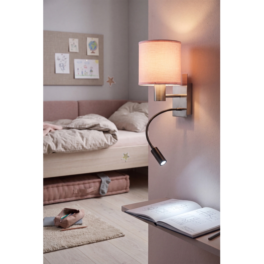 Brilagi - LED εύκαμπτο επιτοίχιο φωτιστικό BOBO 1xE27/25W/230V + LED/3W ματ χρώμιο/ροζ