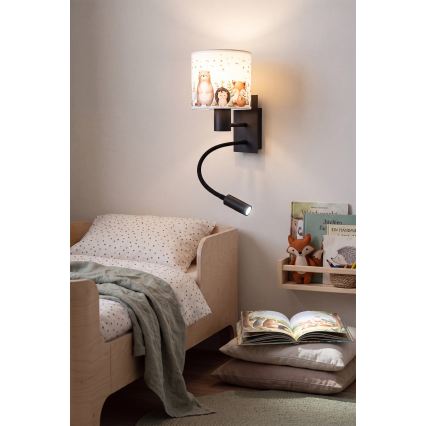 Brilagi - Παιδικό ευέλικτο επιτοίχιο φωτιστικό LED BOBO 1xE27/25W/230V + LED/3W μαύρο/λευκό/ζωάκια