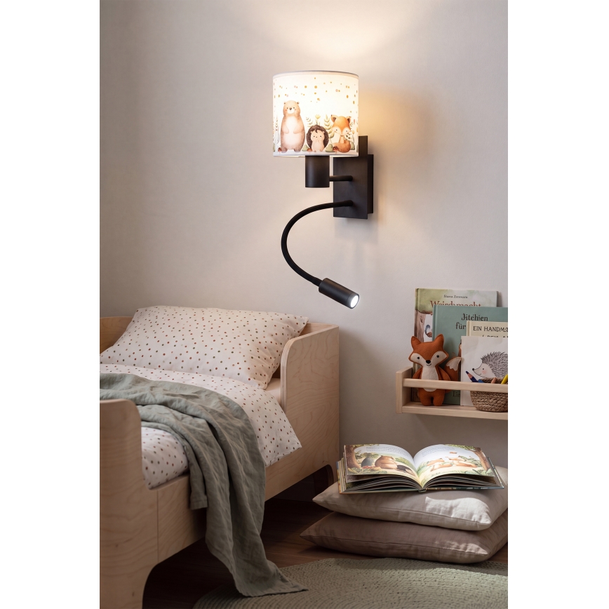 Brilagi - Παιδικό ευέλικτο επιτοίχιο φωτιστικό LED BOBO 1xE27/25W/230V + LED/3W μαύρο/λευκό/ζωάκια