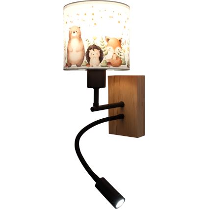 Brilagi - LED παιδικό εύκαμπτο επιτοίχιο φωτιστικό BOBO WOOD 1xE27/25W/230V + LED/3W δρυς/μαύρο/λευκό/με σχέδια ζώων