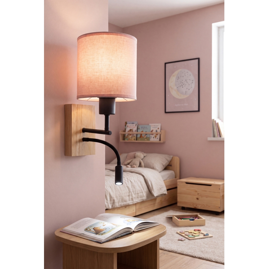 Brilagi - Επιτοίχιο εύκαμπτο φωτιστικό LED BOBO WOOD 1xE27/25W/230V + LED/3W δρυς/μαύρο/ροζ