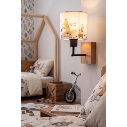 Brilagi - Παιδικό επιτοίχιο φωτιστικό BOBO WOOD 1xE27/25W/230V δρυς/μαύρο/λευκό/ζωάκια