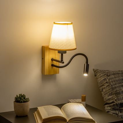 Brilagi - LED Εύκαμπτο φωτιστικό τοίχου NUBILA WOOD 1xE27/25W/230V + LED/3W δρυς/ανοιχτό καφέ
