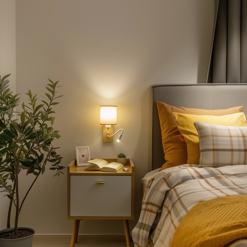 Brilagi - LED Εύκαμπτο φωτιστικό τοίχου NUBILA WOOD 1xE27/25W/230V + LED/3W δρυς/ανοιχτό καφέ