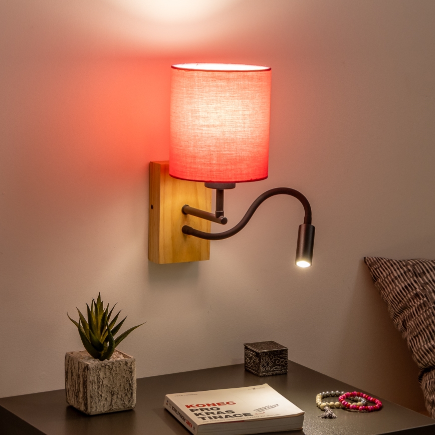 Brilagi - LED Εύκαμπτο φωτιστικό τοίχου NUBILA WOOD 1xE27/25W/230V + LED/3W δρυς/ροζ