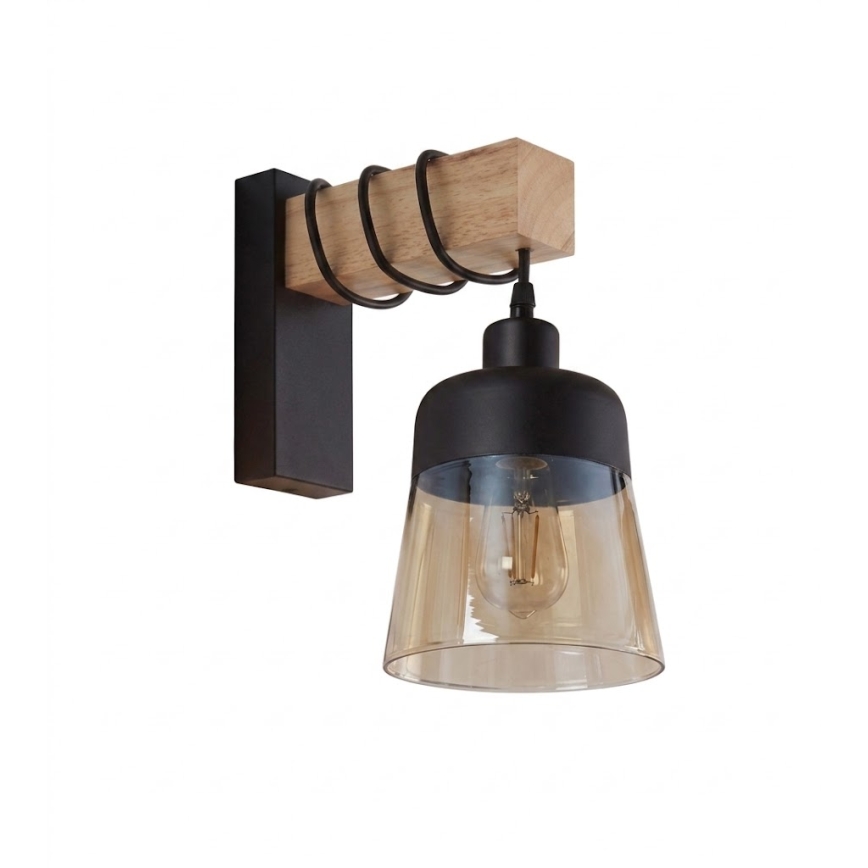 Brilagi - Επιτοίχιο φωτιστικό WOOD GLASS 1xE27/60W/230V πεύκο/μαύρο/καπνιστό καφέ