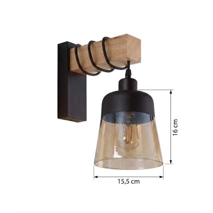 Brilagi - Επιτοίχιο φωτιστικό WOOD GLASS 1xE27/60W/230V πεύκο/μαύρο/καπνιστό καφέ