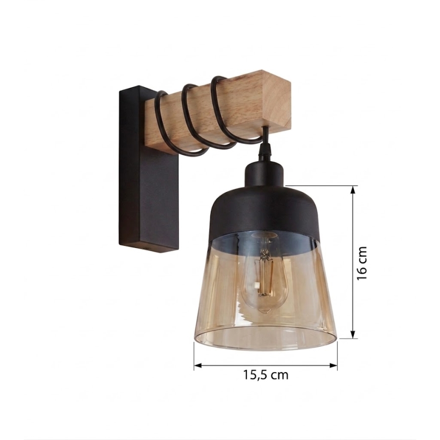 Brilagi - Επιτοίχιο φωτιστικό WOOD GLASS 1xE27/60W/230V πεύκο/μαύρο/καπνιστό καφέ